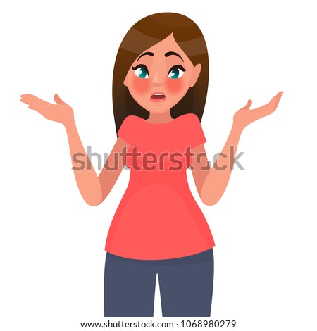 Gesture oops, sorry or I do not know. The woman shrugs her shoulders and spreads her hands. Vector illustration in cartoon style