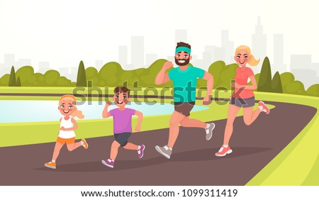 Happy family on a jogging. Father, mother, daughter and son are running around in the park. Healthy lifestyle. Vector illustration in cartoon style