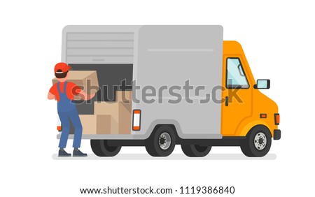 The loader unloads the goods from the truck. Delivery service. Moving. Vector illustration in a flat style