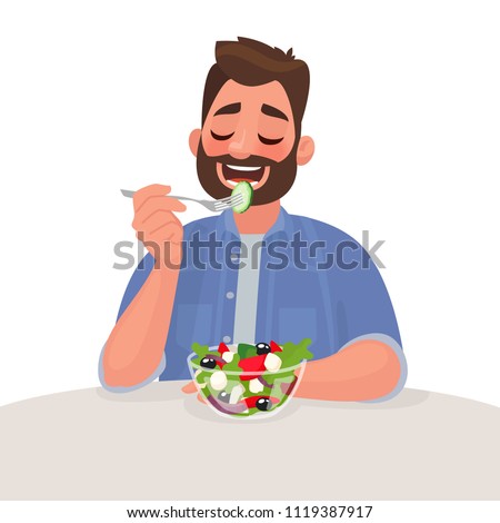 Man is eating a salad. Vegetarian. The concept of proper nutrition and healthy lifestyle. Vector illustration in cartoon style