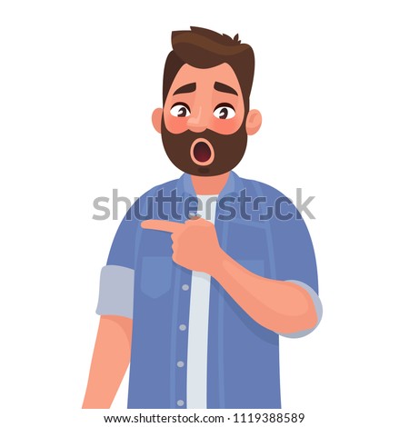 Surprised man points to something. Element for an incredible and shocking news or suggestion. Vector illustration in cartoon style