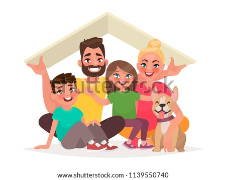 Concept of the home of a young happy family. Dad, mother, son, daughter and dog under the roof of the house. Vector illustration in cartoon style