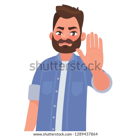 Serious man shows stop gesture. Vector illustration in cartoon style