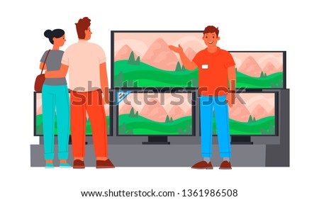 Seller consultant in the consumer electronics store shows a new TV young couple. Buyers purchase equipment. Vector illustration in flat style