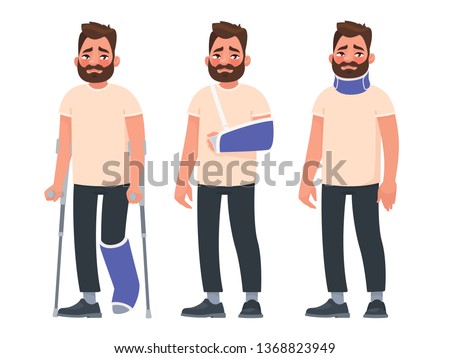 Set of sad character man with injuries. Fracture or dislocation of the leg, arm, neck damage. Person with a gypsum and a fixing collar. Broken limbs. Consequences of the accident. Vector illustration