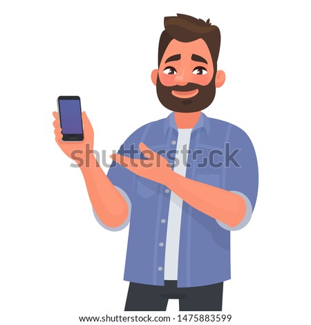 Man shows the smartphone the screen forward. Advertising or presentation of a mobile application. Vector illustration in cartoon style