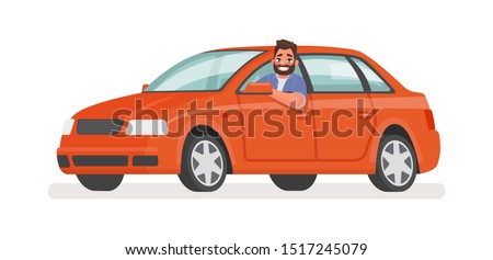 Happy man in the car. Motorist driving a vehicle on an isolated background. Vector illustration in cartoon style Сток-фото © 
