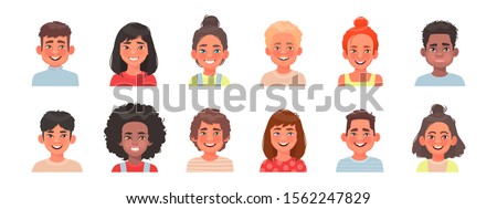 Set of avatars of children characters. Happy faces of boys and girls of different nationalities. Portraits of kids. Vector illustration in cartoon style