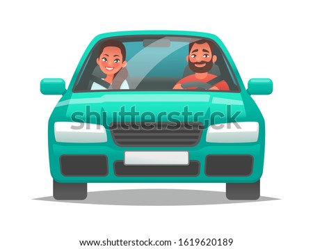 Happy couple of young people rides a car. A man driving a vehicle and a woman sitting in the passenger seat. A fun car trip  husband and wife. Vector illustration in cartoon style
