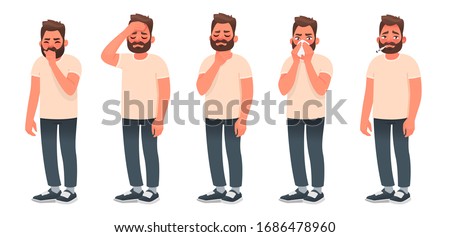 Symptoms of a viral infection and respiratory illness. A sick man coughs and sneezes. Headache, sore throat, runny nose, fever. Coronavirus COVID-19. Vector illustration in cartoon style