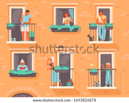 Neighborhood concept. People stand on balconies or look out of windows. The neighbors of an apartment building. Life in big cities. Vector illustration in a flat style