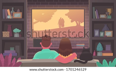 Couple of young people watching TV. Man and woman in a cozy atmosphere watch a movie. Stay at home. Advertising streaming service or online cinema. Vector illustration in cartoon style