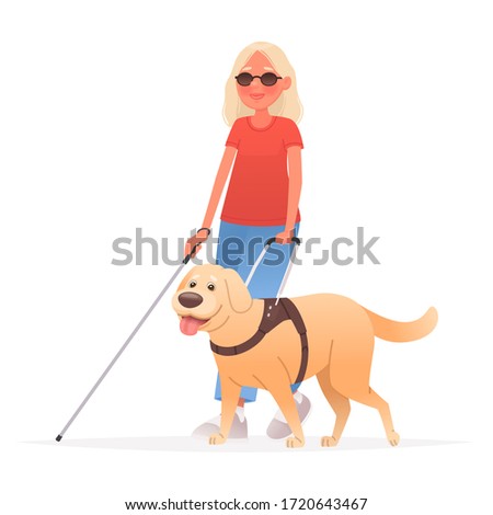 Blind woman on a walk with a guide dog on a white background. People with disabilities. Vector illustration in cartoon style