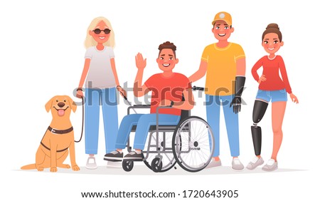 Group of characters with disabilities. People and disability. Blind woman with a guide dog, a guy in a wheelchair, a man and girl with prostheses. Vector illustration in cartoon style