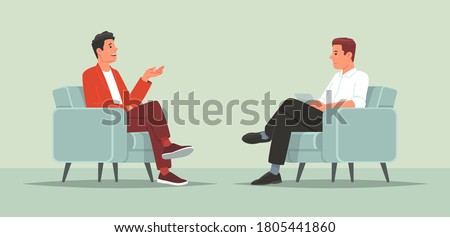 Interview with a famous person. Television or internet broadcast where a journalist talks to a celebrity. Vector illustration in flat style