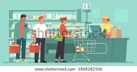 Checkout counter of a grocery supermarket. Customers in line. Queue at the store. The cashier rings up products for buyers. Vector illustration in flat style