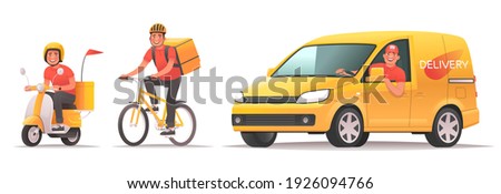 Food and goods delivery service. Online ordering and tracking in the mobile application. Happy courier rides a scooter, bike and van. Vector illustration in cartoon style