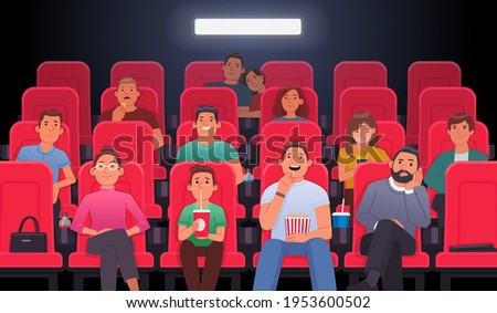 People are sitting in chairs and watching a movie in the cinema theater. Men and women, couples and children eat, drink drinks watch film or motion picture. Moviegoers. Vector illustration in flat sty