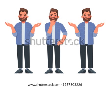 Choice concept. A bearded man thinks and chooses the right decision from two options. Vector illustration in cartoon style.