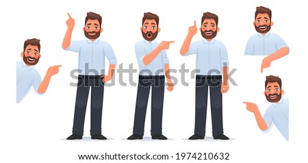 Set of a man character pointing his finger in different directions, up and down and looking out. A businessman with joyful emotions points at something. Vector illustration in cartoon style