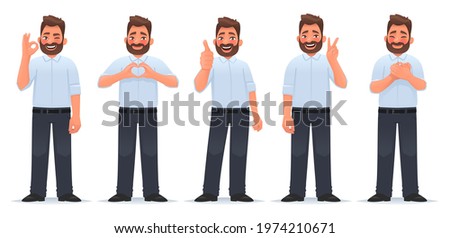 Set of positive and approving gestures. Happy man shows a gesture of gratitude, okay, cool, heart and victory. Vector illustration in cartoon style