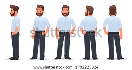 Business man character from different angles. View from the front, side and back. The guy is in a pose. Vector illustration in cartoon style
