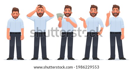 Businessman character set. Guy in different actions. The man is tired, he is in shock, holds money in his hands, says, gesture idea. Vector illustration in cartoon style