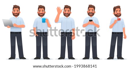 Set of character happy man. A businessman holds a laptop in his hands, a mug of tea, a smartphone, a credit card. Welcome gesture. Hello. Vector illustration in cartoon style