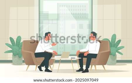 Business negotiations. Two businessmen are discussing a deal or a startup. Business partners conversation. Discussion or interview. Vector illustration in flat style