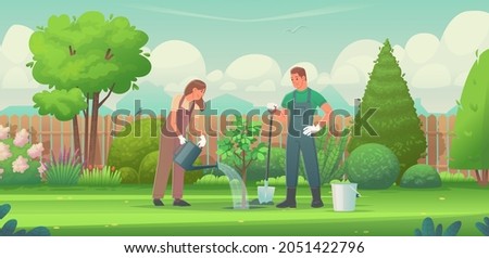 Family couple is planting a tree in the backyard garden of the house. Man and woman gardeners. Country life. Gardening. Growing plants. Vector illustration in flat style