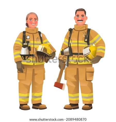 Firefighters. Happy man and a woman, fire service workers, wearing protective uniforms. Firewoman and fireman. Vector illustration in cartoon style