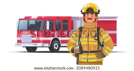 Portrait of a firefighter in protective uniform and helmet. Fireman on the background of a fire truck on an isolated background. Vector illustration in cartoon style