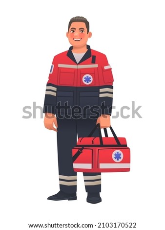 Paramedic man in uniform and with full length first aid bag on isolated white background. Emergency medical service worker. Vector illustration in cartoon style