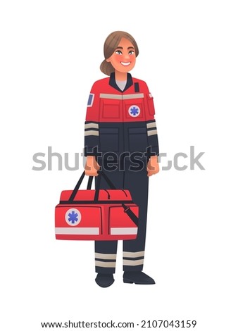 Woman paramedic in full length on a white background with a first aid bag. Emergency ambulance worker. Vector illustration in cartoon style