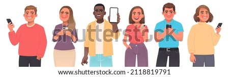 Set of young people use phones. Men and women hold a smartphone in their hands, communication on the Internet, chat social networks. Characters for mobile app advertising. Vector illustration