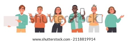 Set of happy people pointing to the side, phone and tablet, blank banner. Character for the presentation of goods or services. Men and women point to something. Vector illustration in cartoon style