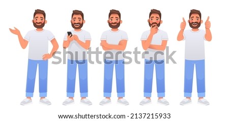 Happy bearded man character set dressed in white t shirt and jeans. Smiling guy points with hand, holds a smartphone in hands, thinks, shows a thumbs up gesture. Vector illustration in cartoon style