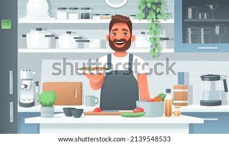 Happy man cooked salad in the kitchen. Cooking different dishes as a hobby or routine. Vector illustration in cartoon style