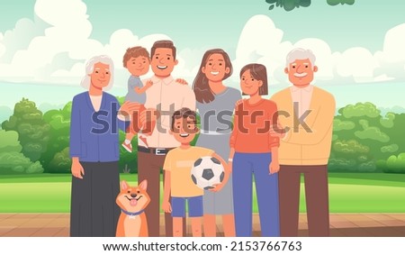 Portrait of a happy big family in front of the backyard of the house. Parents, children, grandmother, grandfather and pet together on a clear summer day. Family holiday. Vector illustration in flat st