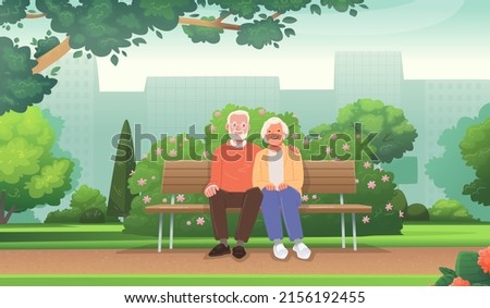 Cute elderly couple is sitting on a bench in a city park. Seniors rest outdoors. Concept of long and happy love and marriage. Vector illustration in a flat style.