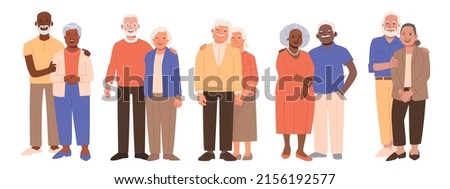 Set of cute elderly couples. Happy seniors together. Old men and women, spouses. Vector illustration in flat style