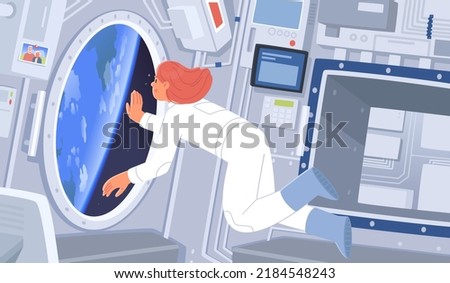 Woman astronaut inside a spaceship leaves the orbit of the planet Earth and goes on a space journey. Conquest and exploration of space. Vector illustration in flat style