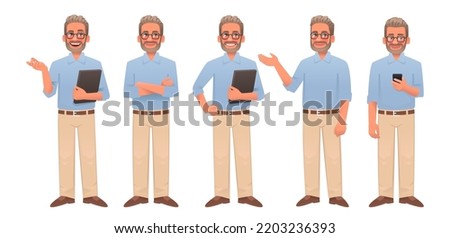 Male teacher character set. The teacher points with his hand at something, poses, looks at the smartphone. Vector illustration in cartoon style