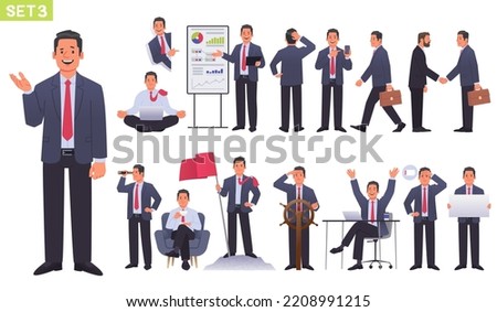 Big set of manager character. Businessman or entrepreneur in different poses and actions. Business man meditates, seeks and manages. Vector illustration in flat style