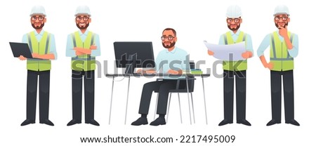 Set of character construction engineer in helmet and signal vest. Builder or foreman with a laptop, at  desktop, looks at the drawing, thinks. Vector illustration in cartoon style