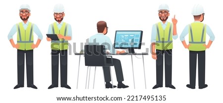Construction engineer man in a helmet and signal vest. Worker in different poses and actions. Foreman with a tablet, at desktop, rear view. Vector illustration in cartoon style