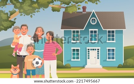 Family on the background of a two story house. Buying or renting a home. Moving to a new house. Father, mother, children and pet together outside. Image for advertising real estate services. Vector 