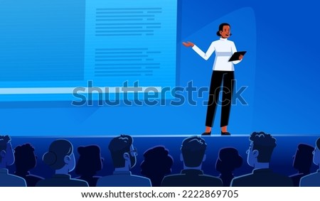 Conference or scientific seminar. Woman performing on stage in front of an audience in the hall. Business lecture, event. Vector illustration in flat style