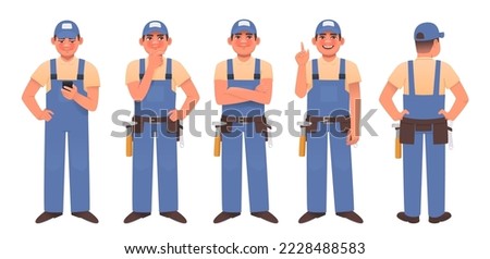 Handyman character set. Happy man in work overalls in different poses and actions. Repairman or locksmith. Vector illustration in cartoon style