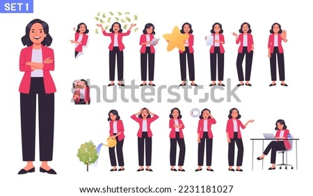 Business woman character set. Businesswoman or office worker in various poses, emotions, gestures. The manager searches, invests, speaks, works. Vector illustration in flat style